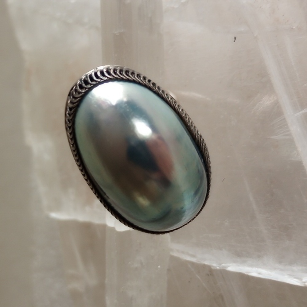 Vintage Silver Plated Dome Mabe Pearl Ring Size 6.5  Large 1.25"T X 3/4" W